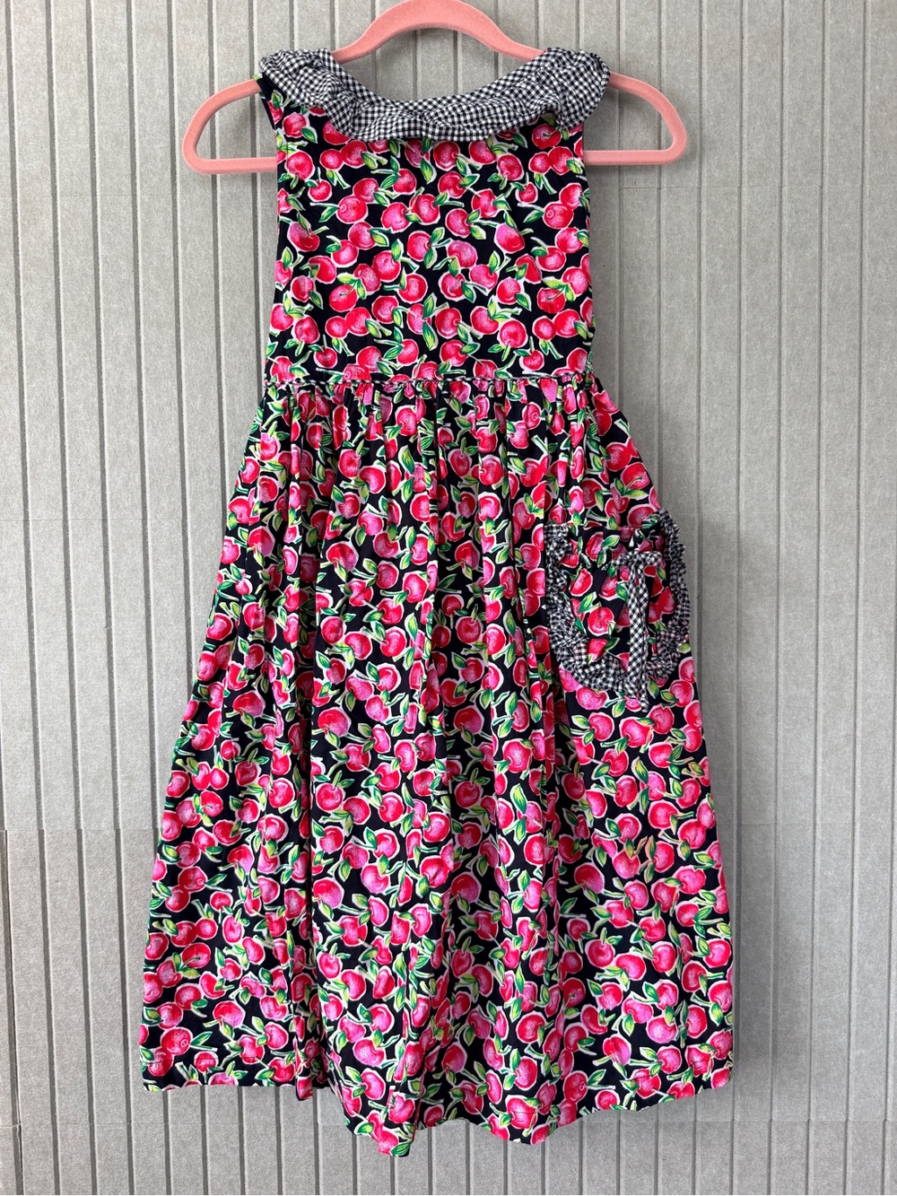 Copper Key Black Dress with Pink Cherry Print and Green Leaves
